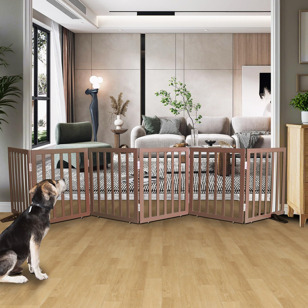 SFJC wooden foldable dog gate in doorway shows sturdy barrier with natural finish for home use