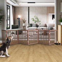 SFJC wooden foldable dog gate in doorway shows sturdy barrier with natural finish for home use