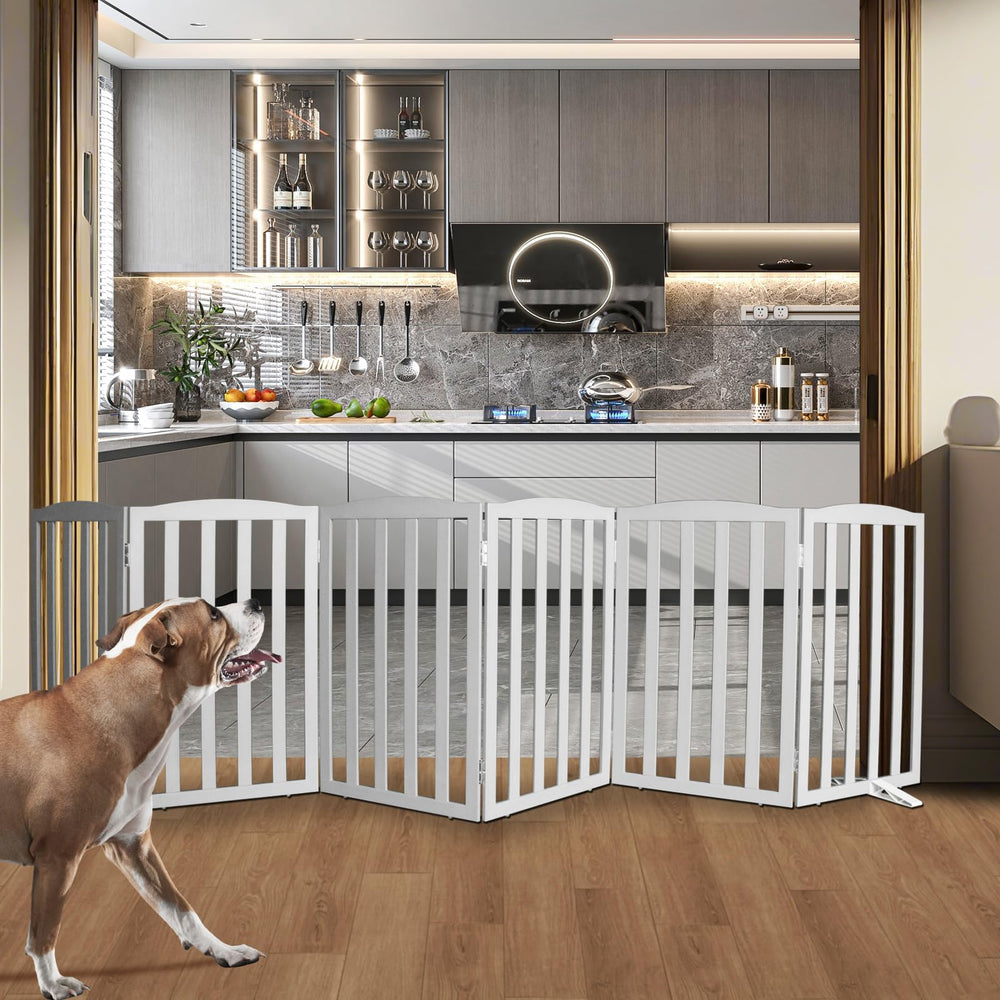 SFJC freestanding wooden grey gate placed at doorway for easy containment.