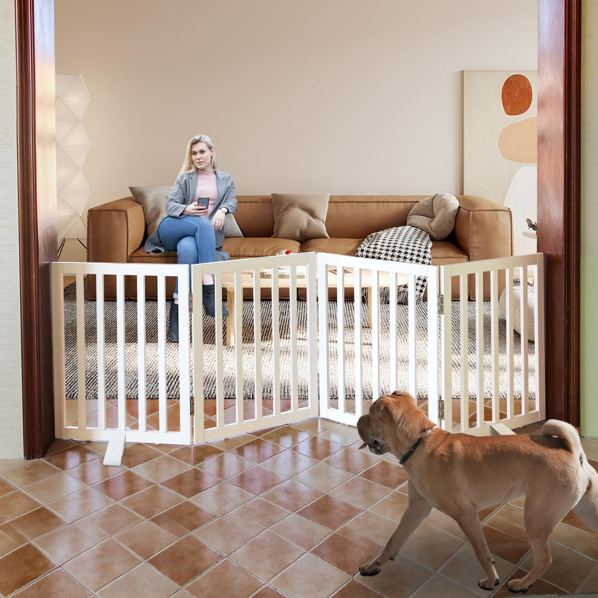 SFJC dog gate wood panel open in doorway for safe pet containment