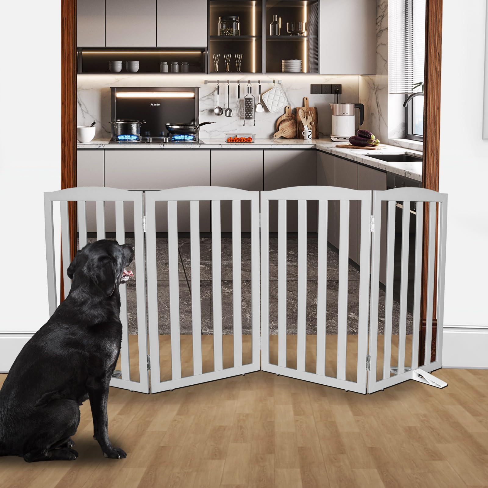 SFJC dog gate extended to form a wide barrier in a doorway