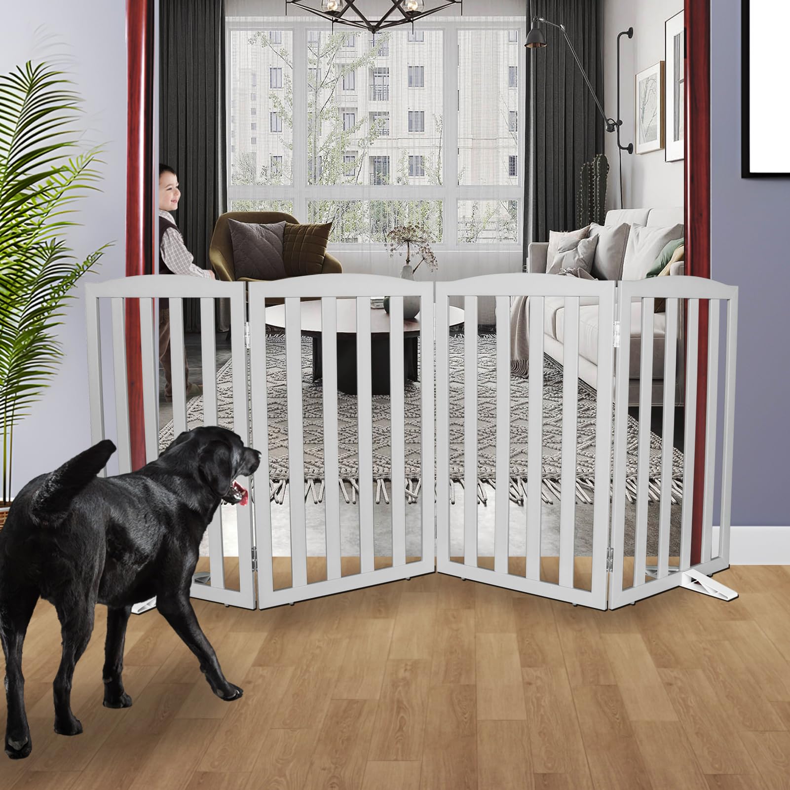 SFJC four-panel wooden dog gate folded for compact storage