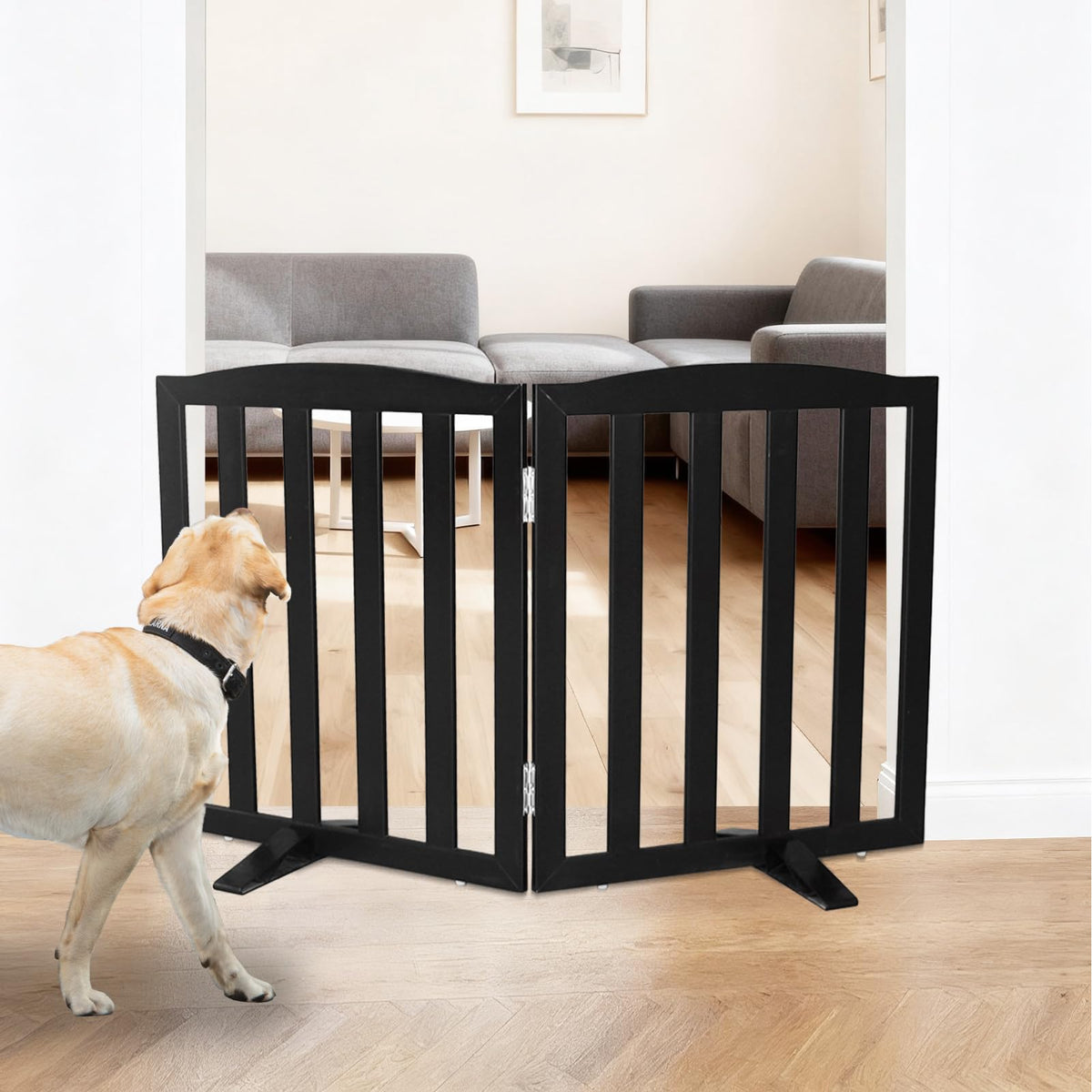 SFJC dog gate in wooden black 2-panel setup for versatile indoor use