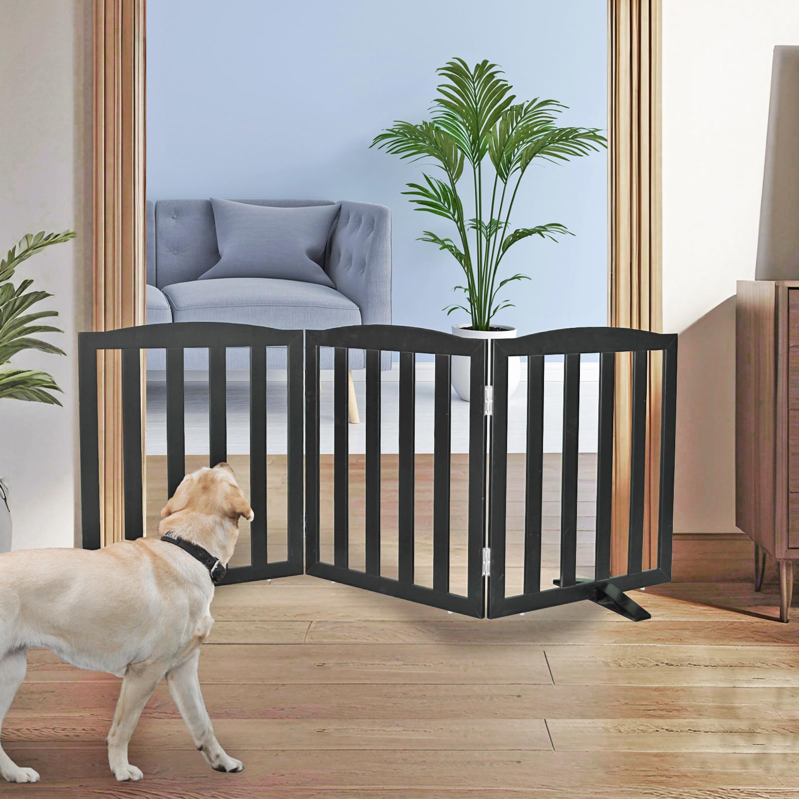 SFJC dog gate, wooden black 3-panel setup, ideal for doorways and stair safety.