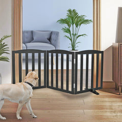 SFJC dog gate, wooden black 3-panel setup, ideal for doorways and stair safety.