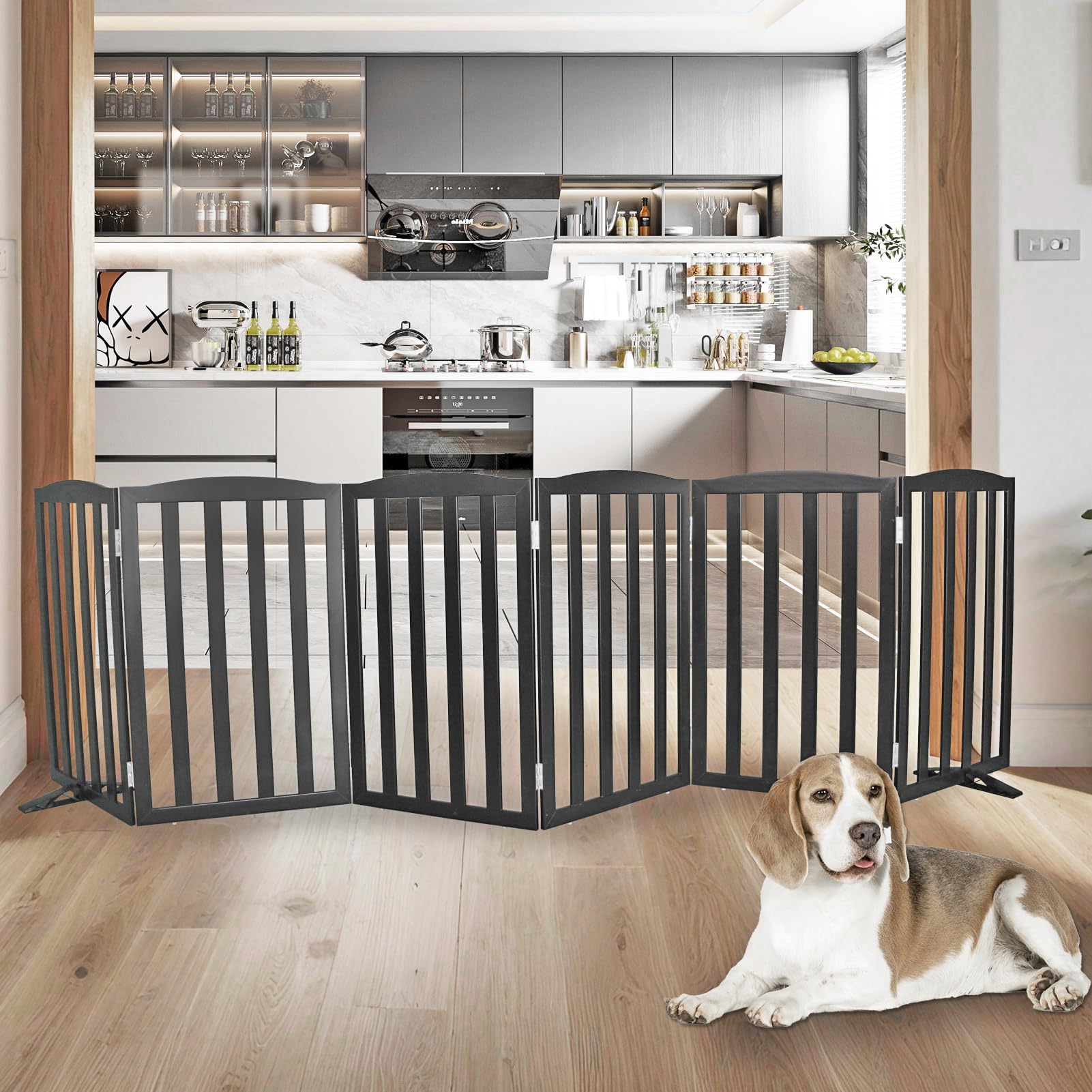 SFJC dog gate folded into a wide Z-shape for doorway and stair use.