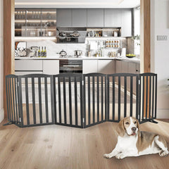 SFJC dog gate folded into a wide Z-shape for doorway and stair use.