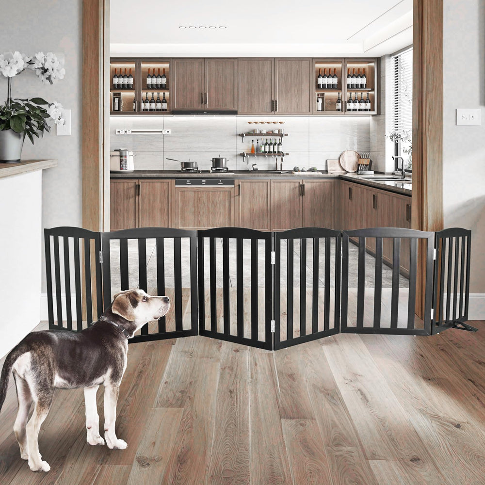 SFJC dog gate wooden black fully folded demonstrates compact storage and portability.