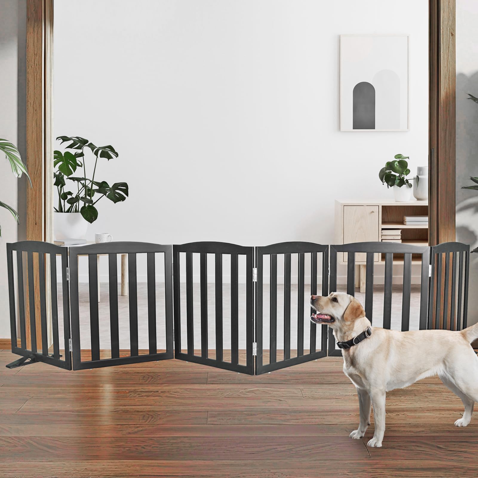 SFJC dog gate wooden black side view shows a sturdy six-panel design for indoor use.