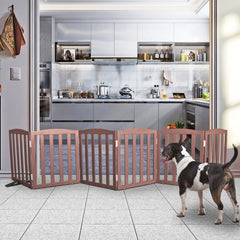 SFJC dog gate wooden brown six-panels shows sturdy layout for stair and hallway control