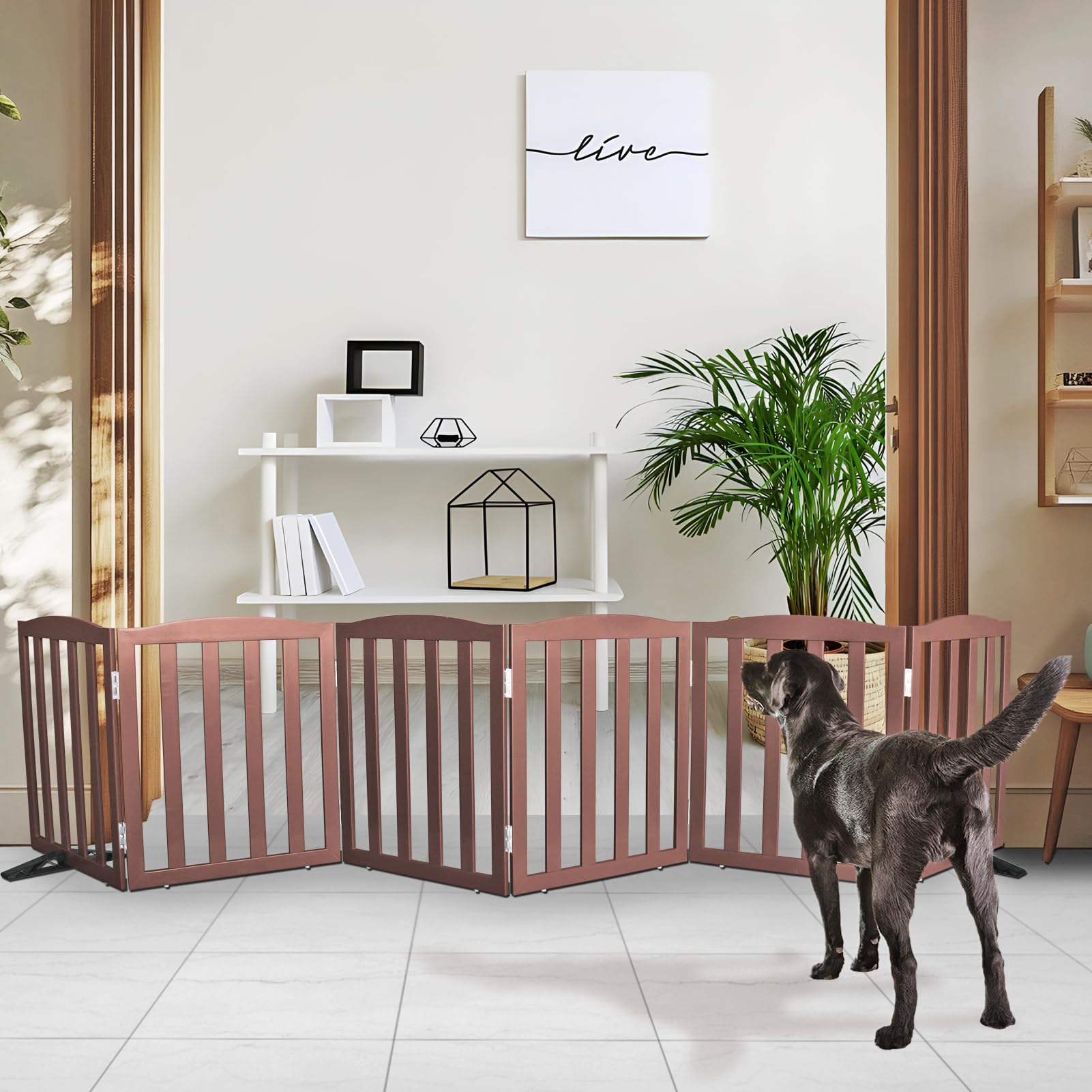 SFJC dog gate wooden brown panel open offers flexible indoor barrier for pets