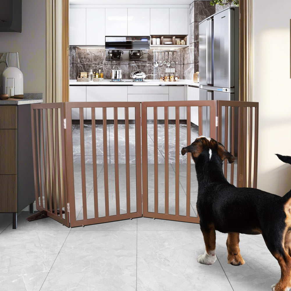 SFJC dog gate folded for compact storage, ideal for small spaces.