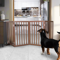 SFJC dog gate folded for compact storage, ideal for small spaces.