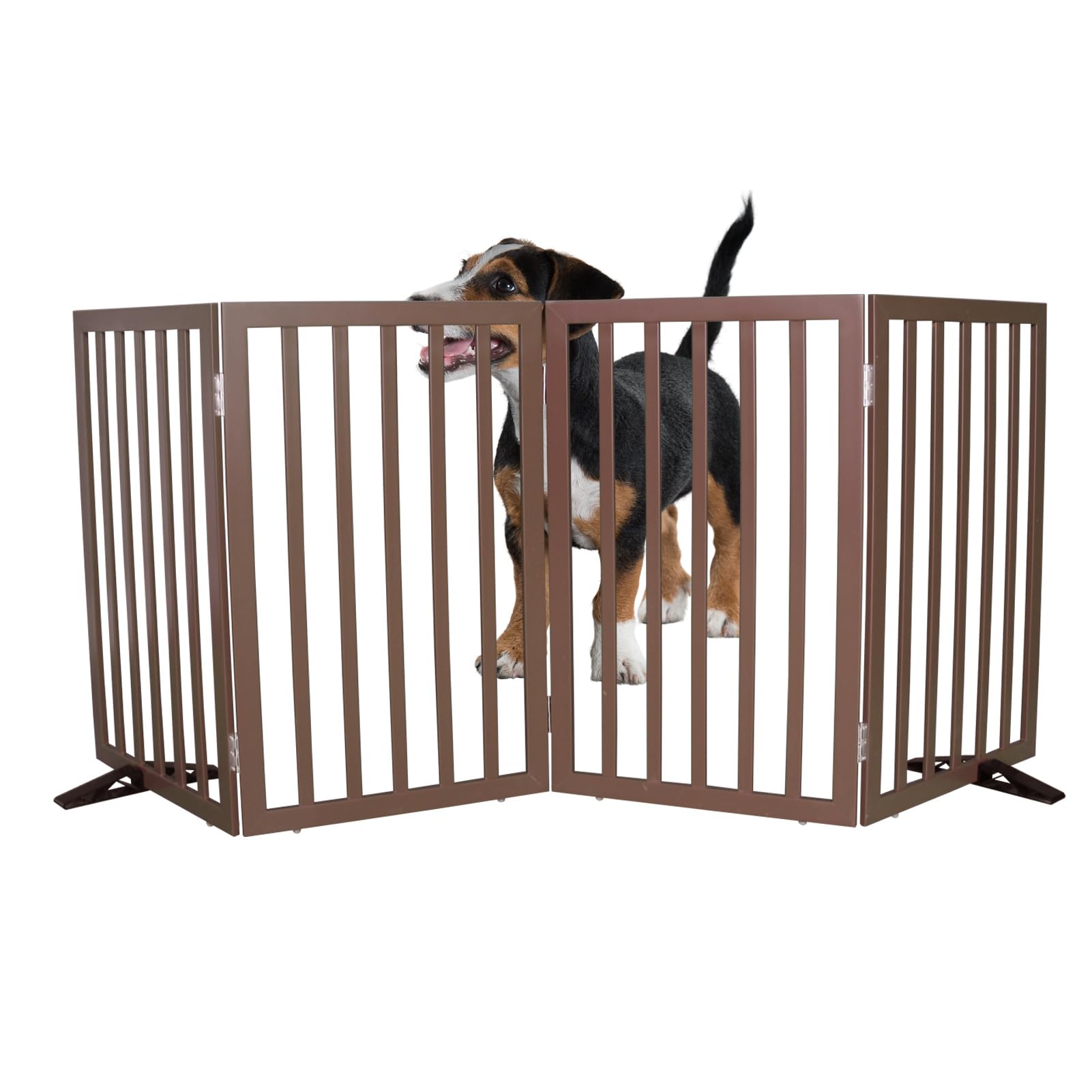 SFJC dog gate with four-panel open design secures wide doorways safely.