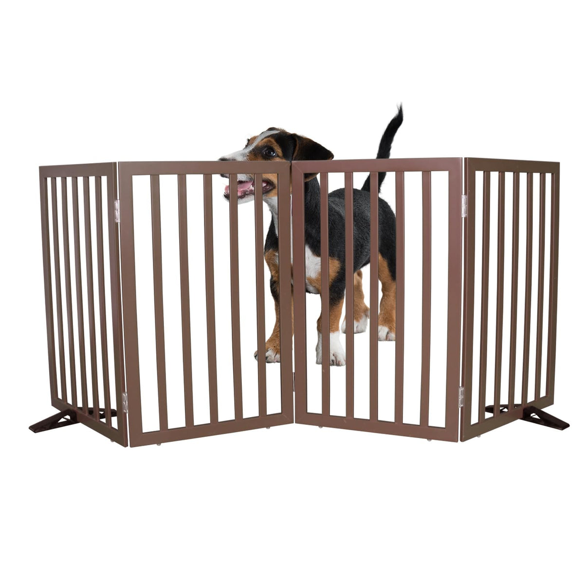 SFJC dog gate with four-panel open design secures wide doorways safely.
