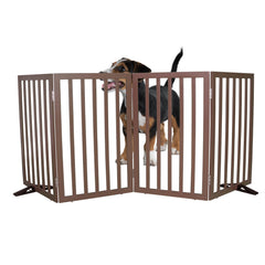 SFJC dog gate with four-panel open design secures wide doorways safely.