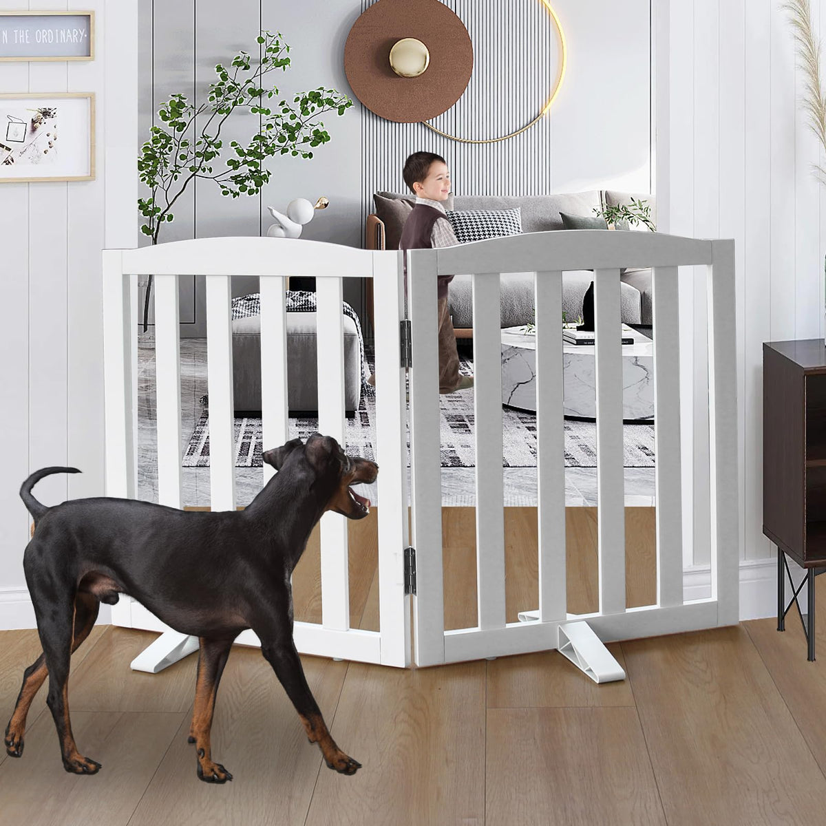 SFJC freestanding dog gate in wooden white two-panel design for indoor use.