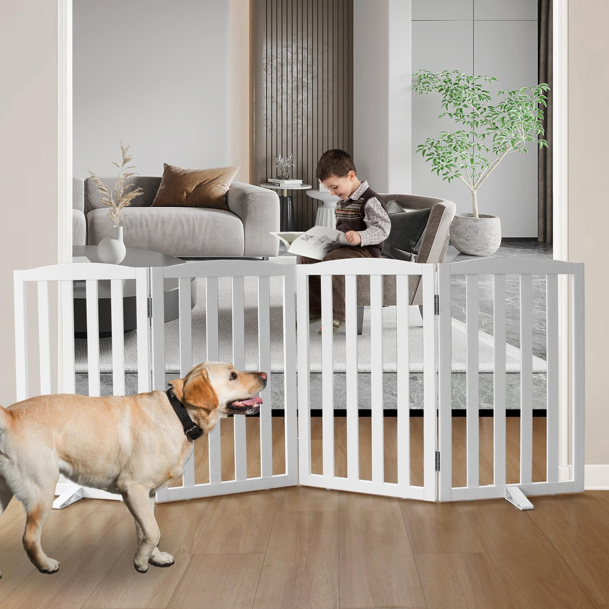 SFJC dog gate wooden white four-panel open provides a safe indoor boundary for pets