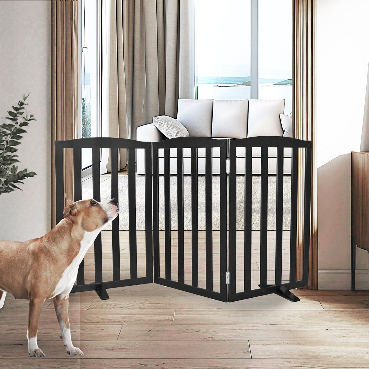 SFJC wooden black 3-panel dog gate in a hallway