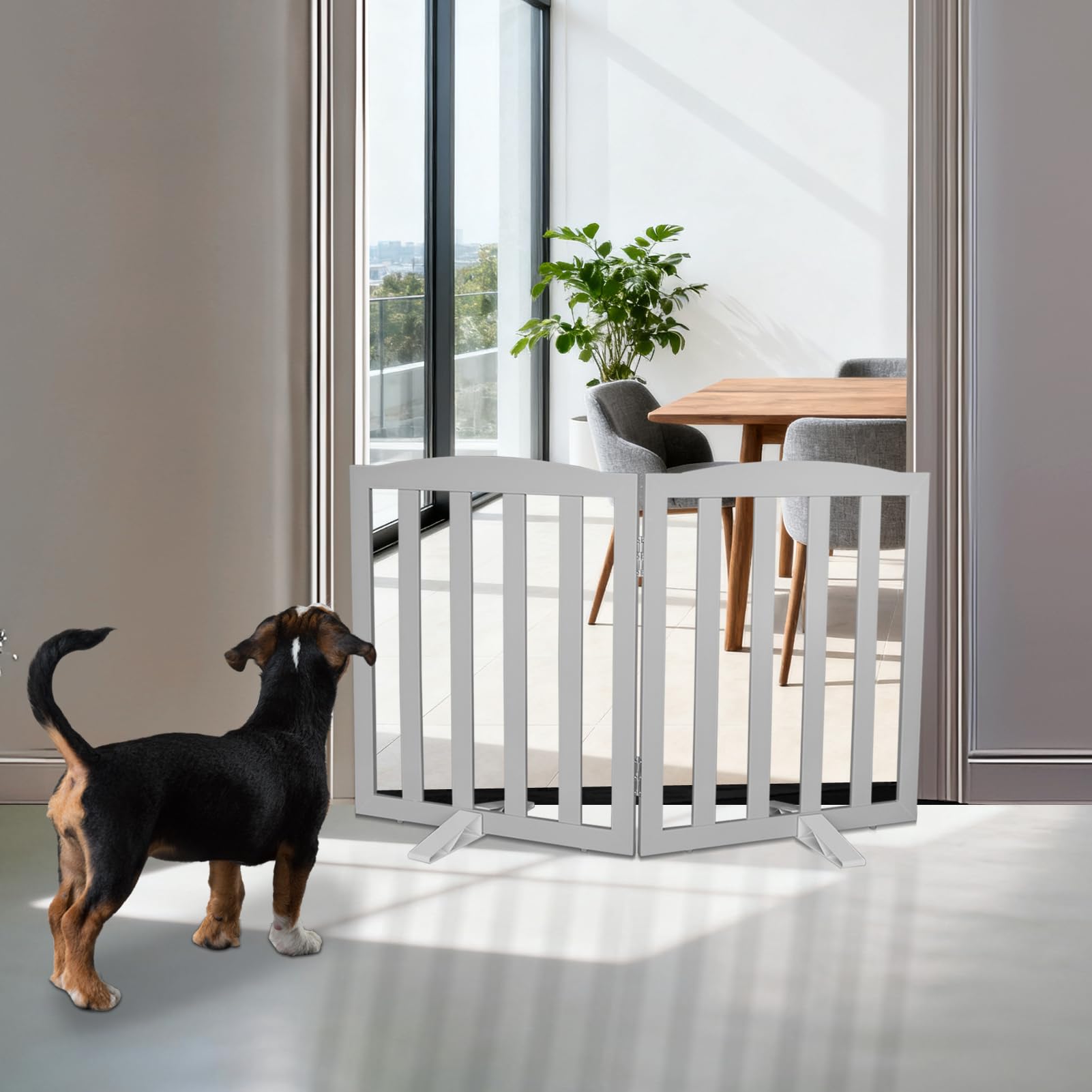 SFJC foldable dog gate in Z-shape shows portable expansion for stairs and hallways.