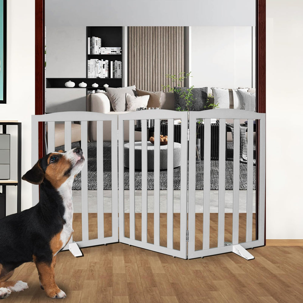 SFJC freestanding dog gate in three panels provides flexible indoor confinement for room separation.