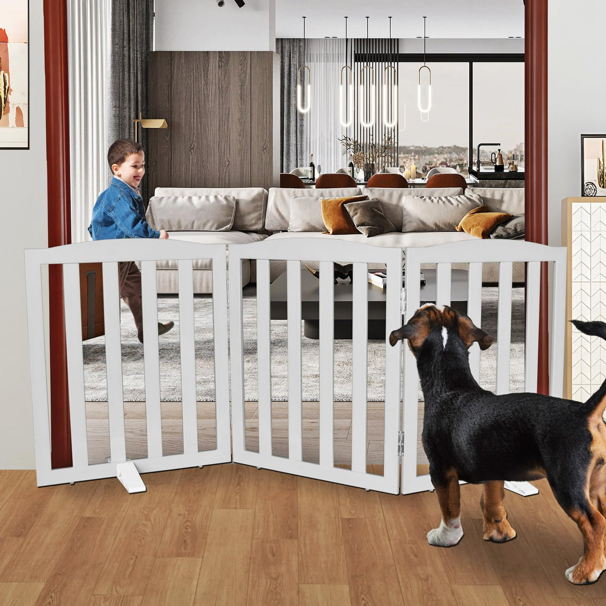 SFJC freestanding dog gate in open wide position for doorways and hallways