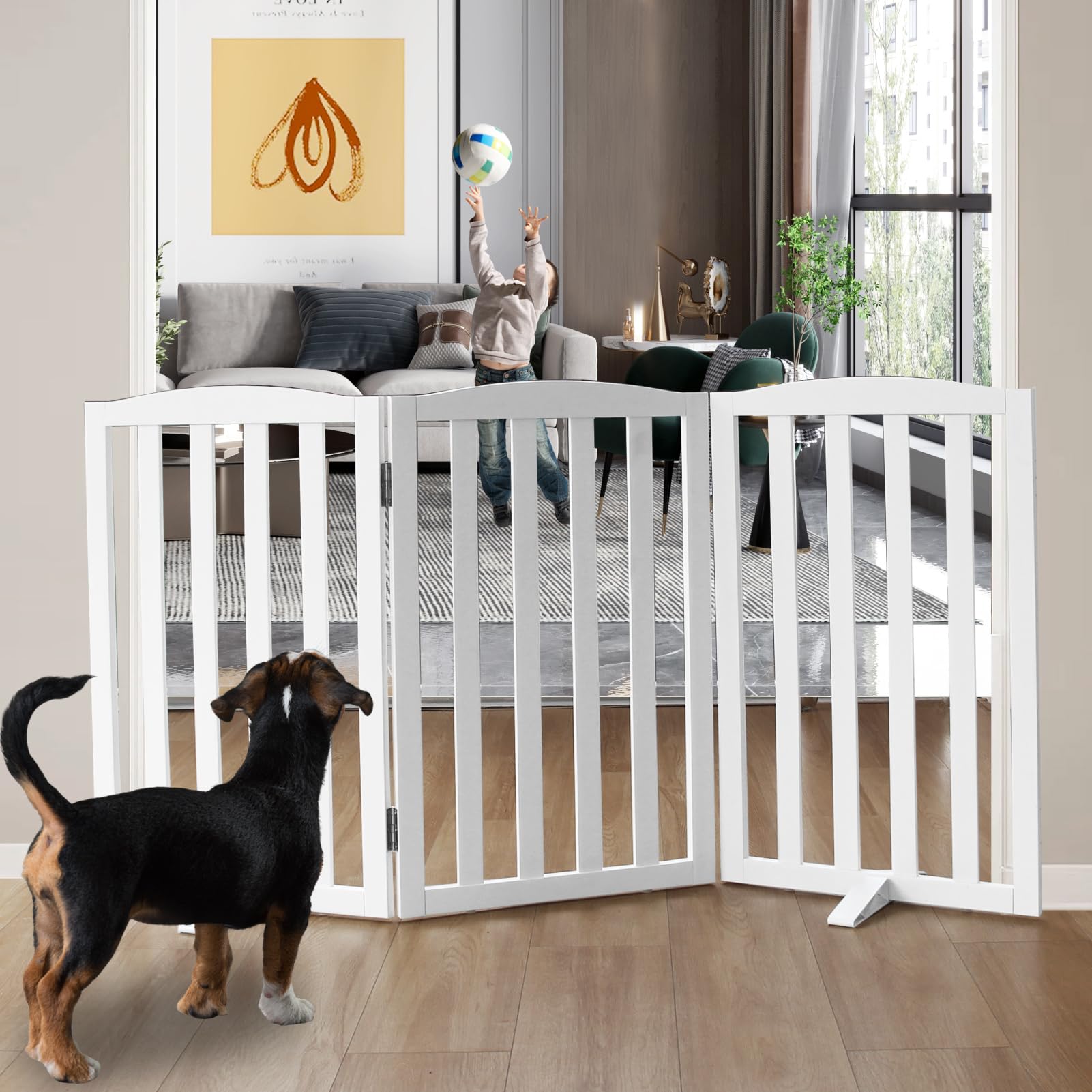 SFJC freestanding dog gate assembly-free for doorways and stairs.
