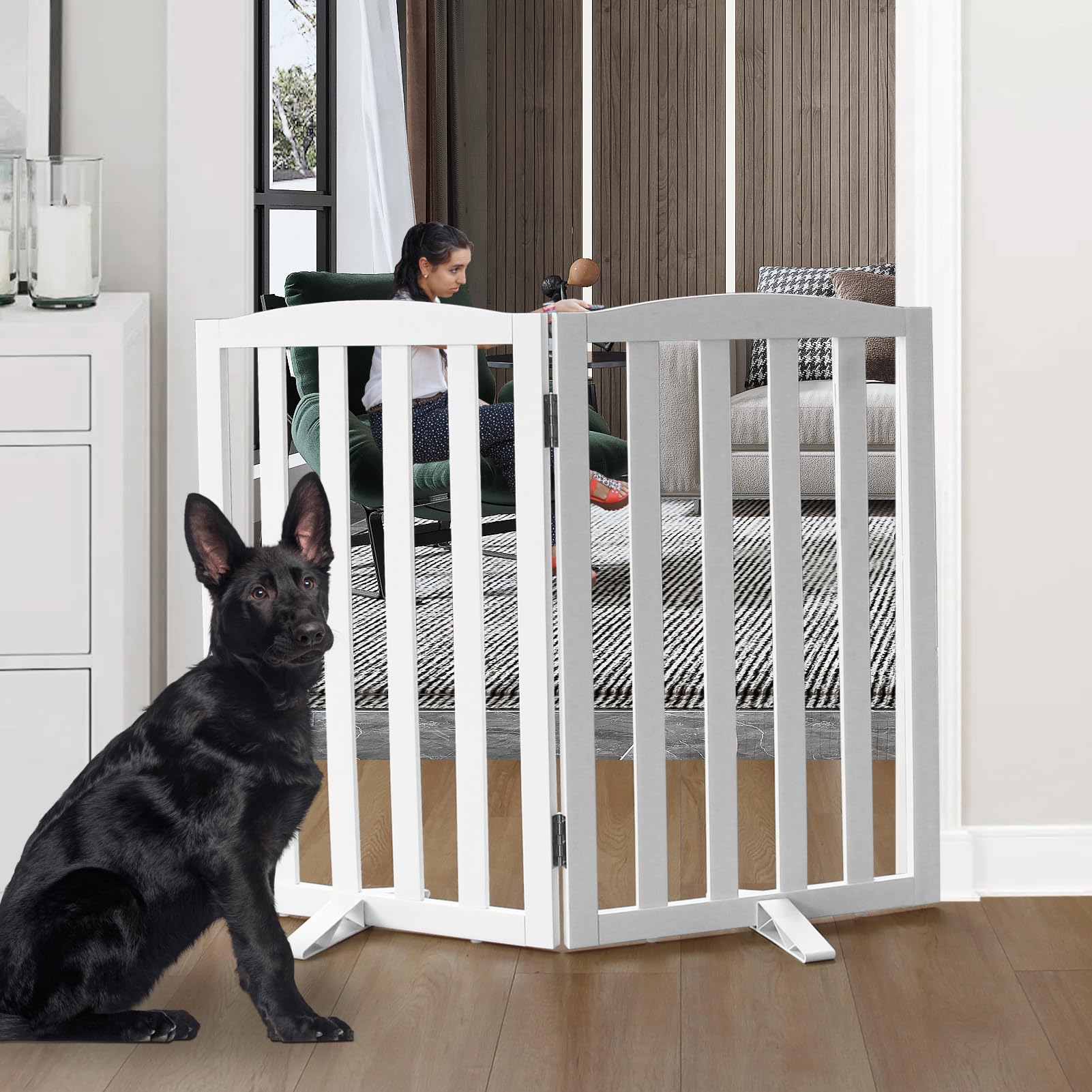 SFJC freestanding dog gate in white wood secures doorways with stable, non-slip feet.