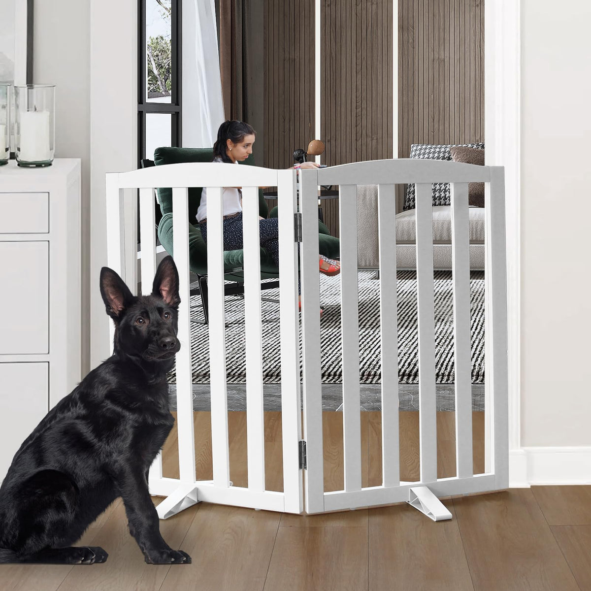 SFJC freestanding dog gate in white wood secures doorways with stable, non-slip feet.