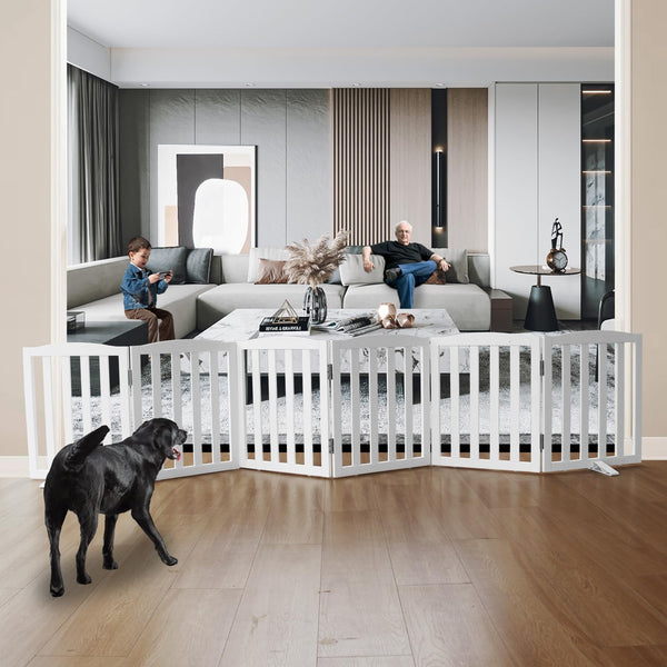 SFJC freestanding dog gate opened fully for wide doorway control.