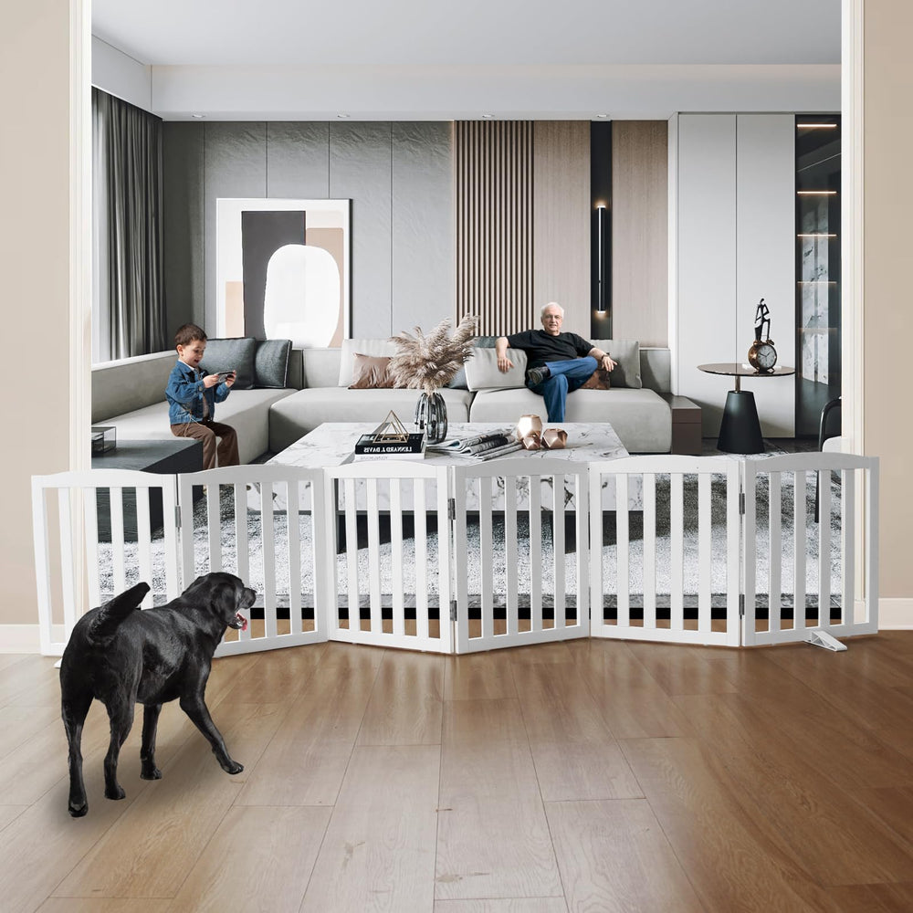 SFJC freestanding dog gate opened fully for wide doorway control.