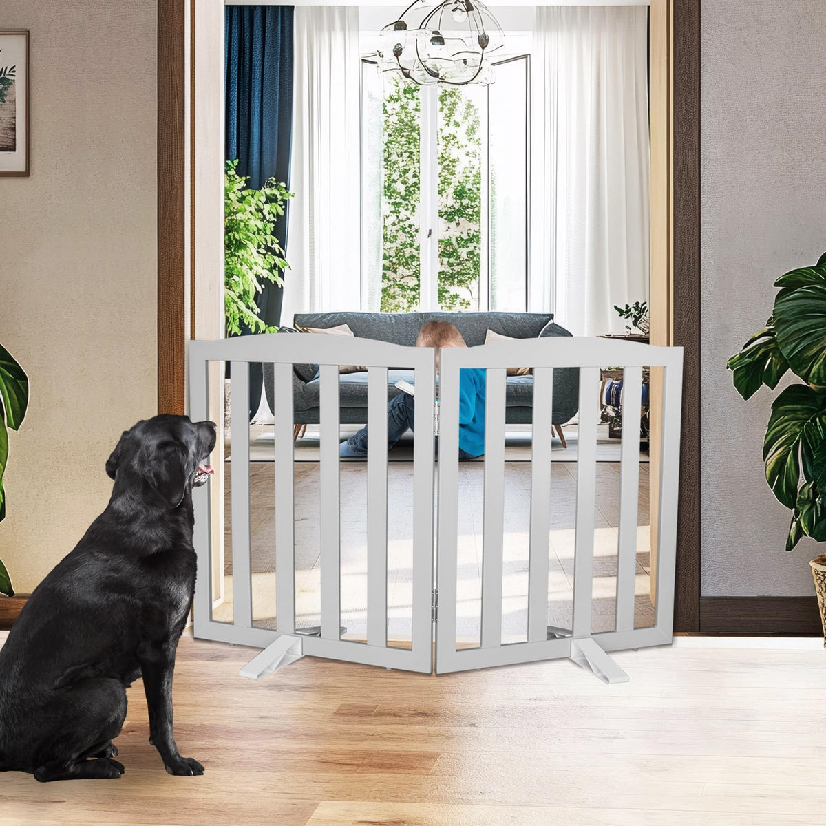 SFJC freestanding dog gate, panel open, ideal for doorway-friendly barrier.