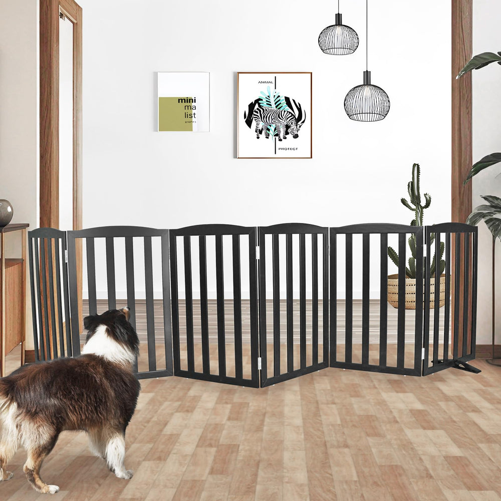 SFJC freestanding dog gate, wooden black, six panels provide a sturdy indoor barrier.
