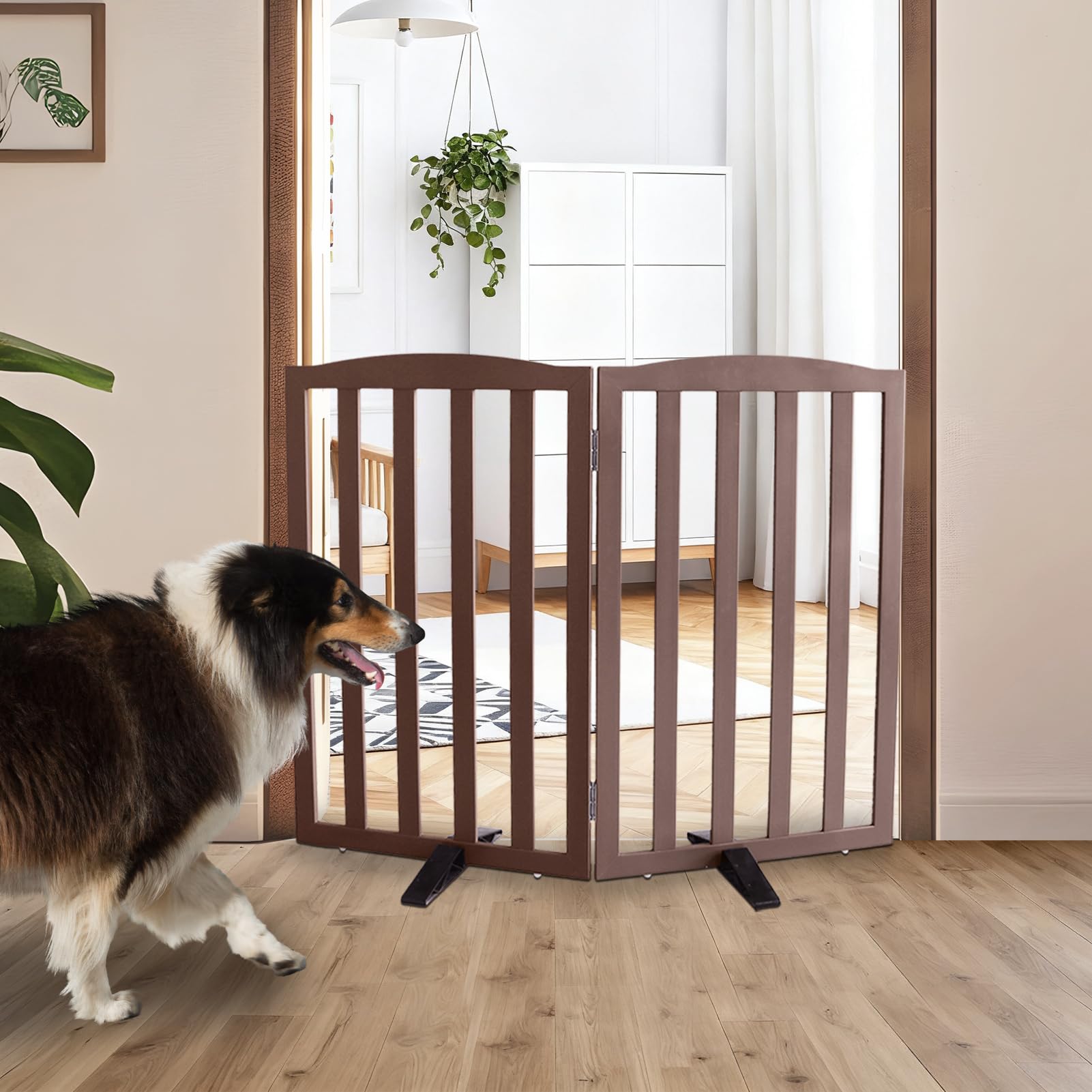 SFJC freestanding dog gate, wooden brown, perfect for doorways and hallways.