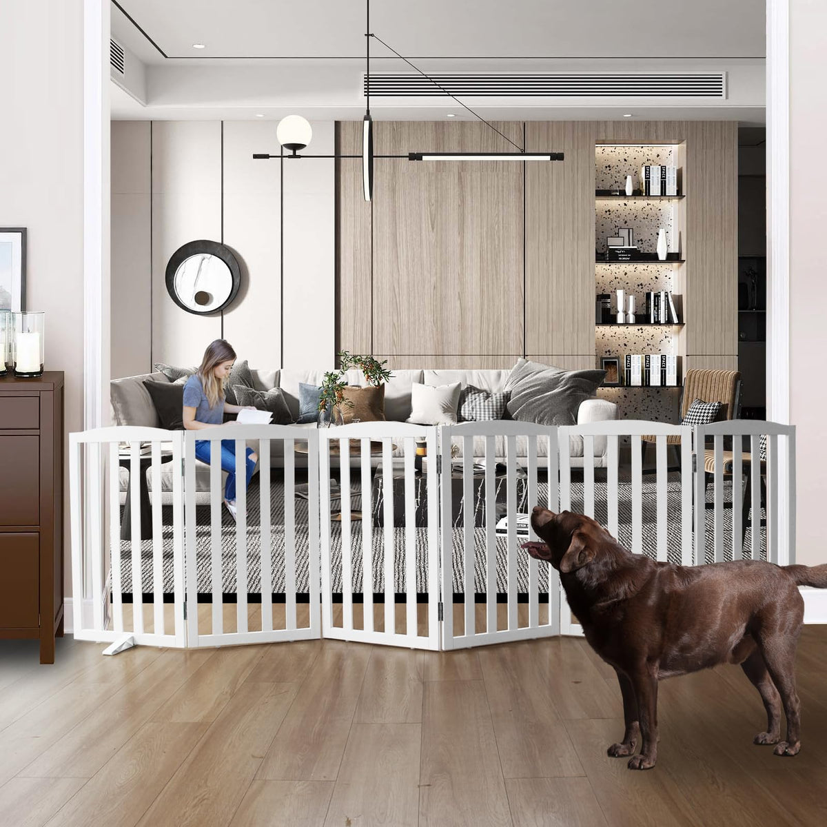 SFJC freestanding dog gate in white wood with six panels for versatile indoor use.