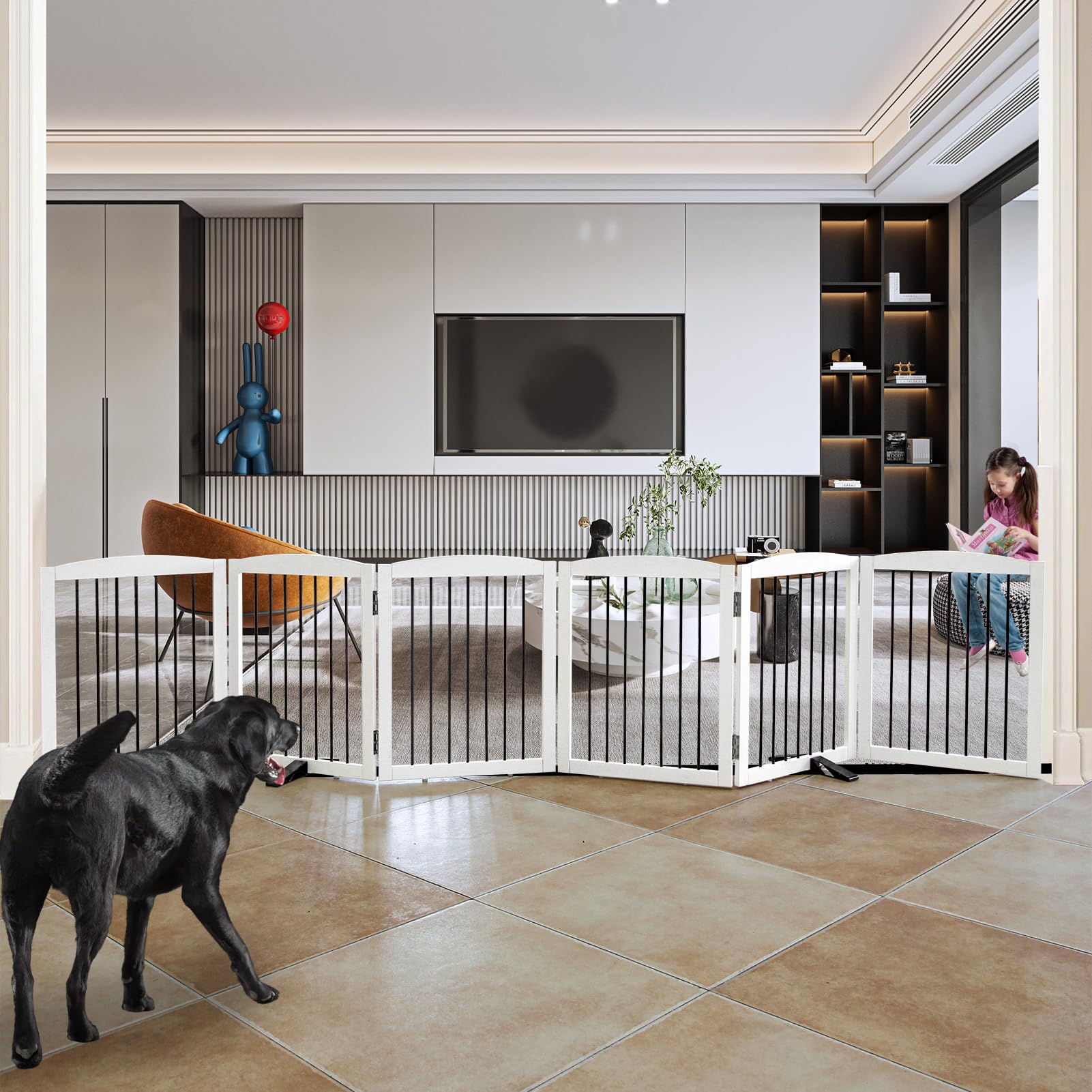 SFJC freestanding six-panel dog gate in white, ideal for indoor containment.
