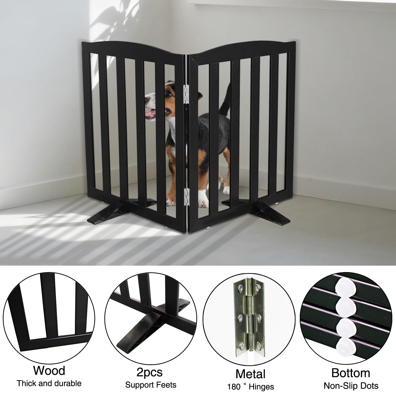 SFJC wooden black pet gate with floor-friendly rubber feet.