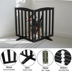 SFJC wooden black pet gate with floor-friendly rubber feet.