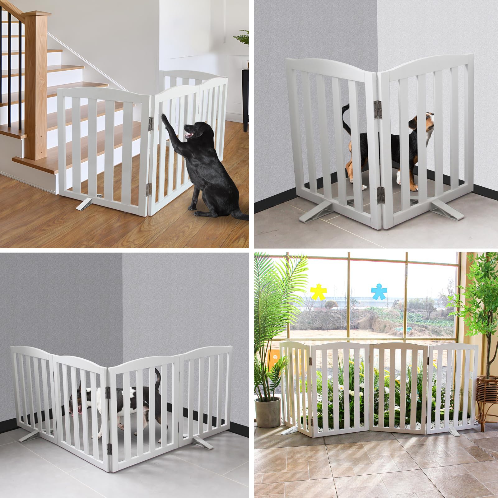 SFJC wooden white pet gate with hinged two-panel design for easy positioning.