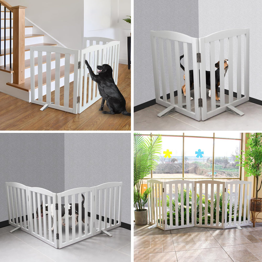 SFJC wooden white pet gate with hinged two-panel design for easy positioning.
