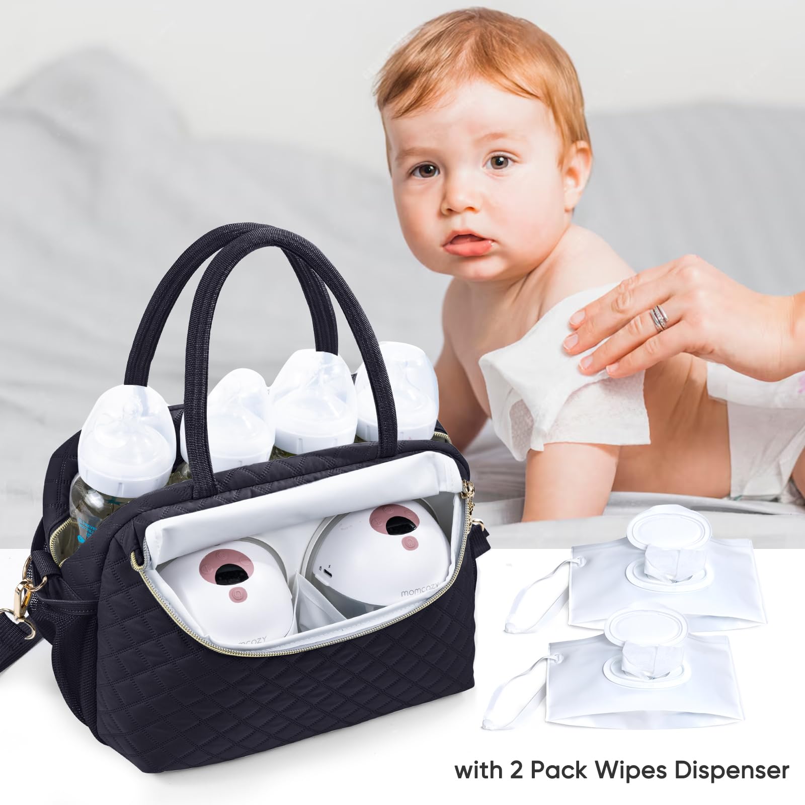 SFYBYHEART breast pump pocket with elastic pouches secures wearable pumps.