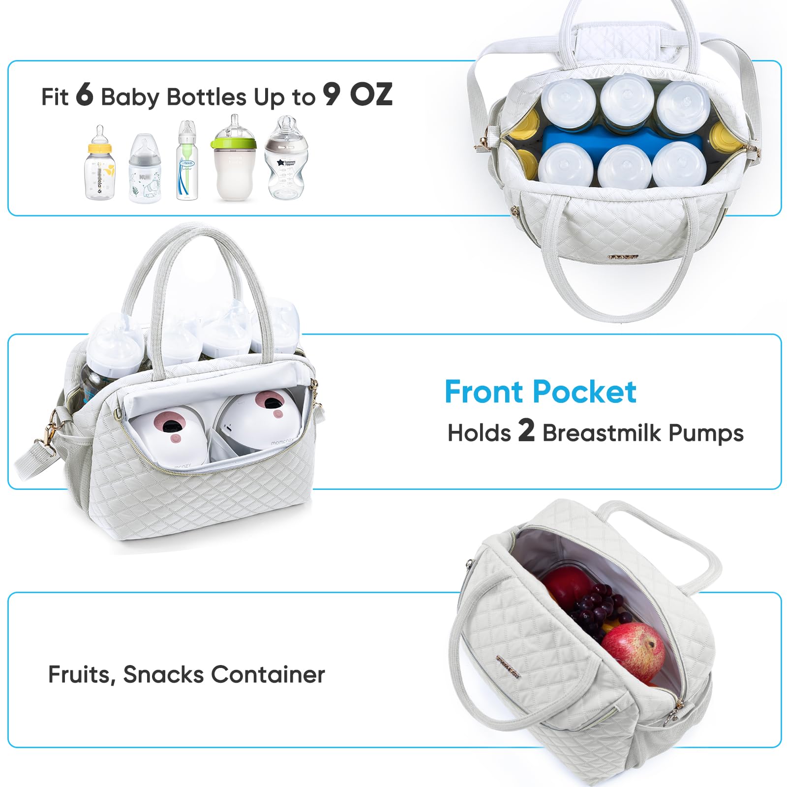 Interior layout shows 6 bottles and ice pack in SFYBYHEART bag