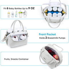 Interior layout shows 6 bottles and ice pack in SFYBYHEART bag