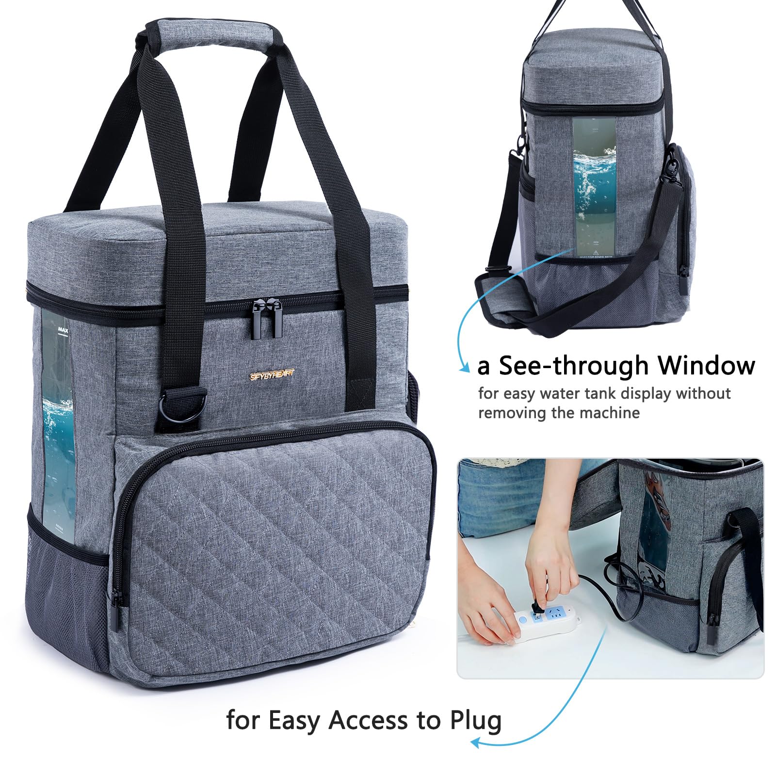 SFYBYHEART carrying case side pocket keeps pumps and bottles organized for quick access.