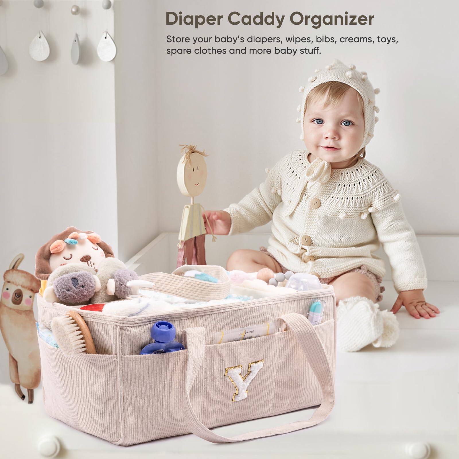 SFYBYHEART diaper caddy shows eight exterior pockets for quick access.