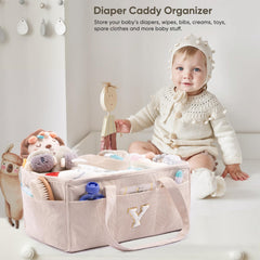 SFYBYHEART diaper caddy shows eight exterior pockets for quick access.