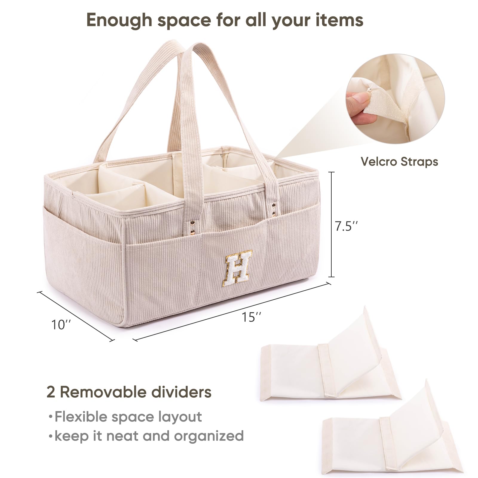 Large-capacity interior with removable dividers forming five compartments