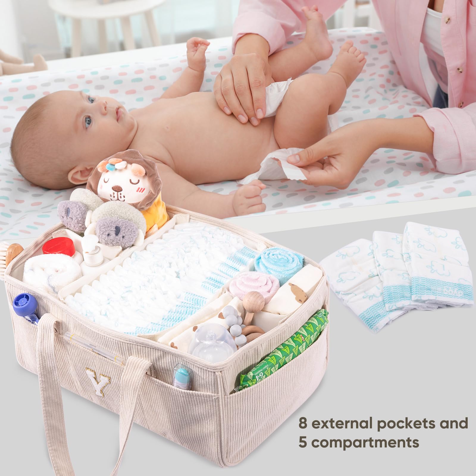 SFYBYHEART diaper caddy with removable dividers helps customize five compartments.