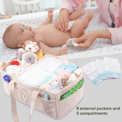 SFYBYHEART diaper caddy with removable dividers helps customize five compartments.