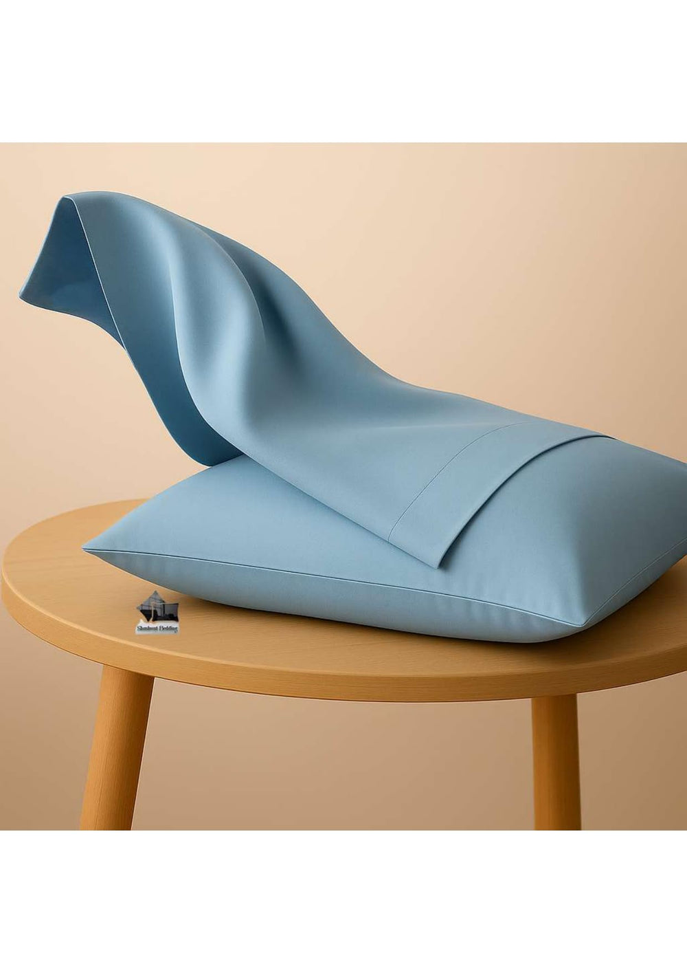 Shashwat Bedding blue pillowcase in a travel setup for busy families.